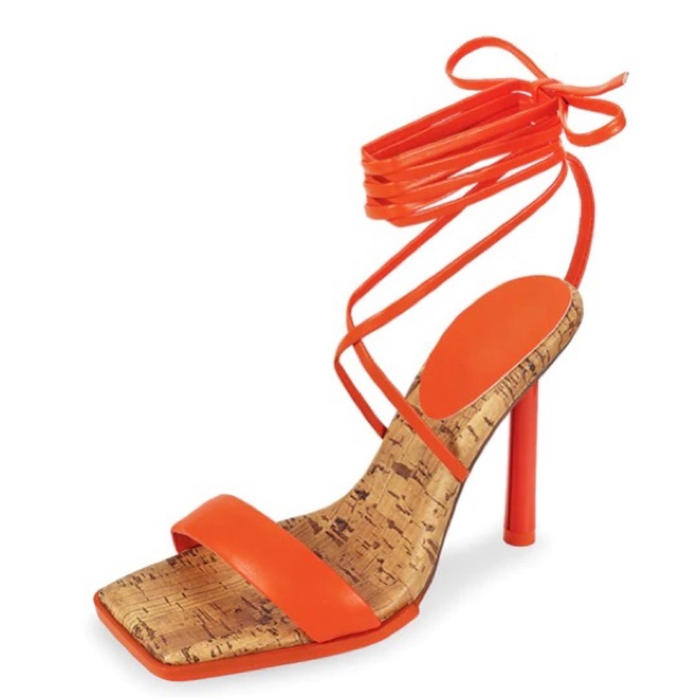 Orange Vegan Leather Quilt Ankle Wrap Square High Heel Sandals